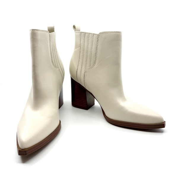 Marc Fisher Cream Leather Pointed Toe Western Ankle Boots Wood Heel Size 6.5M - Picture 1 of 12